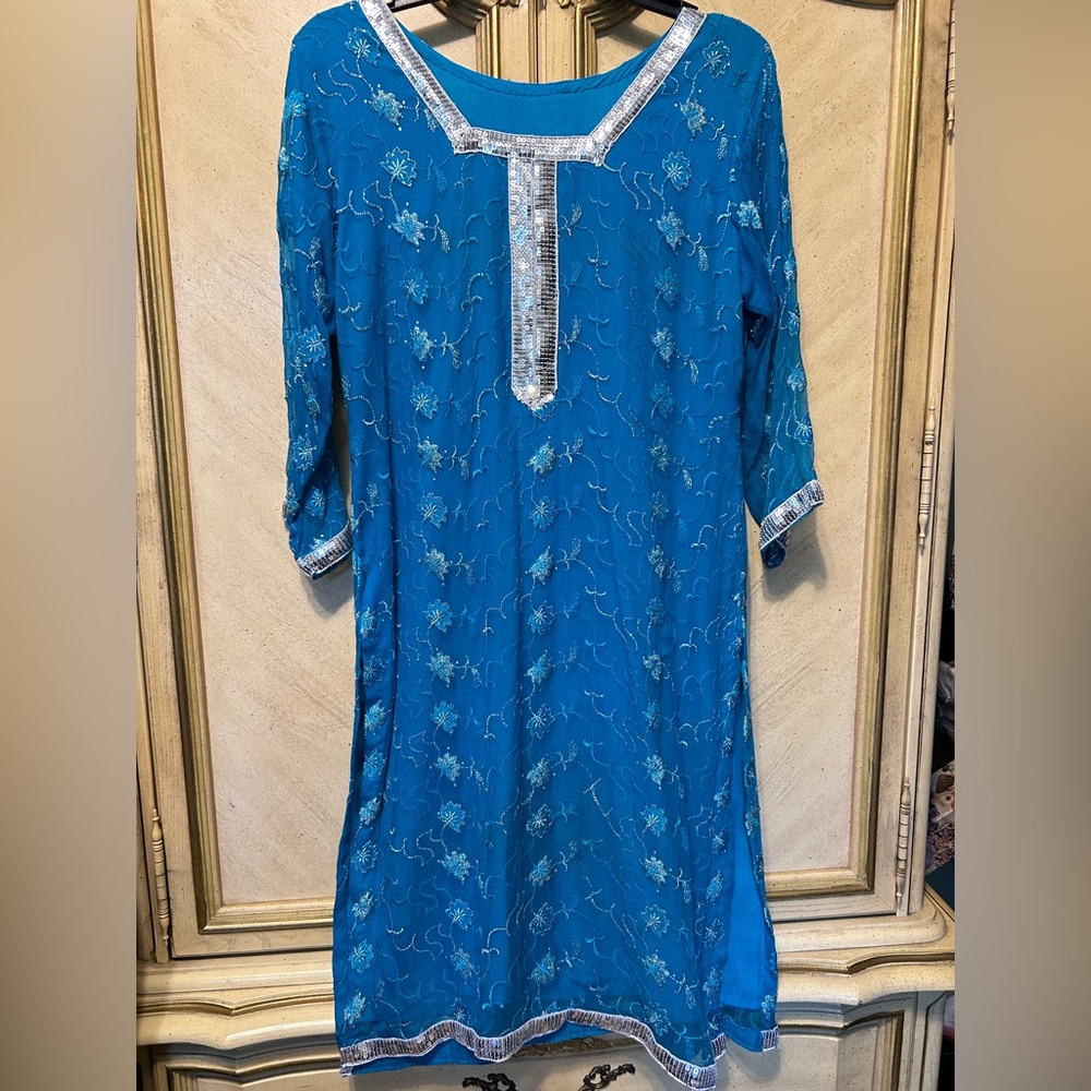 Vtg Turquoise Blue Floral Embroidered Silver Sequin Boho Tunic Costume Dress